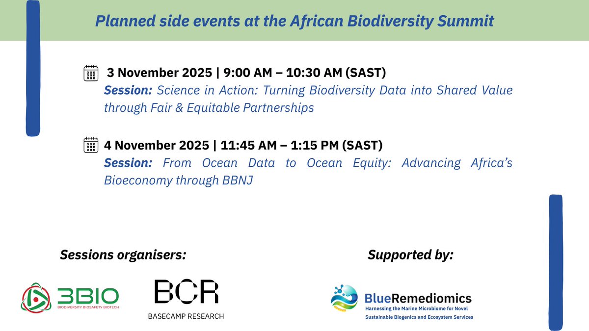 BlueRemediomics's tweet photo. Our partners from 3BIO will be participating in the African Biodiversity Summit from 2-5 November!

Together with Basecamp Research, they’ll be leading two insightful sessions. https://t.co/HjEInUNPiZ