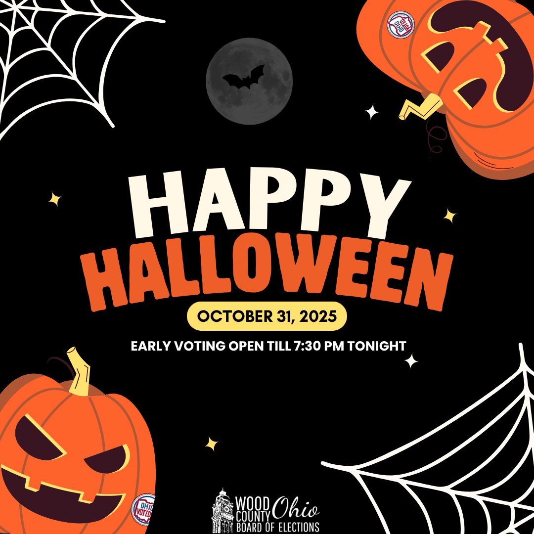 Happy Halloween! 🎃🦇

In-Person Early Voting is open till 7:30PM tonight at the Wood County Courthouse in Bowling Green.

Early Voting is also open tomorrow from 8AM-4PM and Sunday from 1PM-5PM!