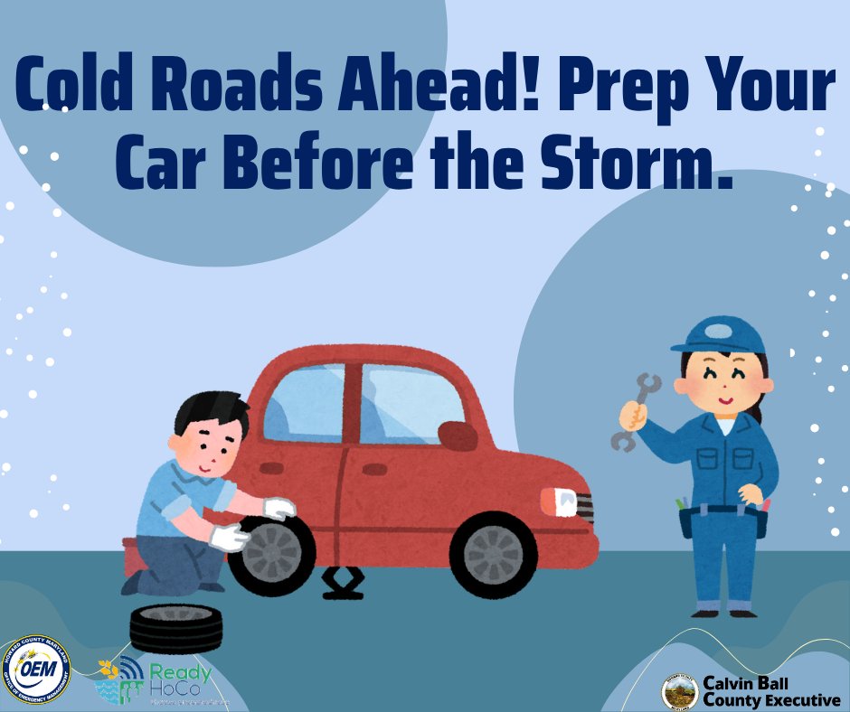 Before snowy &amp; icy road conditions arrive, take time to get your vehicle #WinterReady! Keep your gas tank full to prevent the fuel line from freezing. Check that your tire treads are in good condition, &amp; update your vehicle emergency kit with warm clothing.  #ReadyHoCo