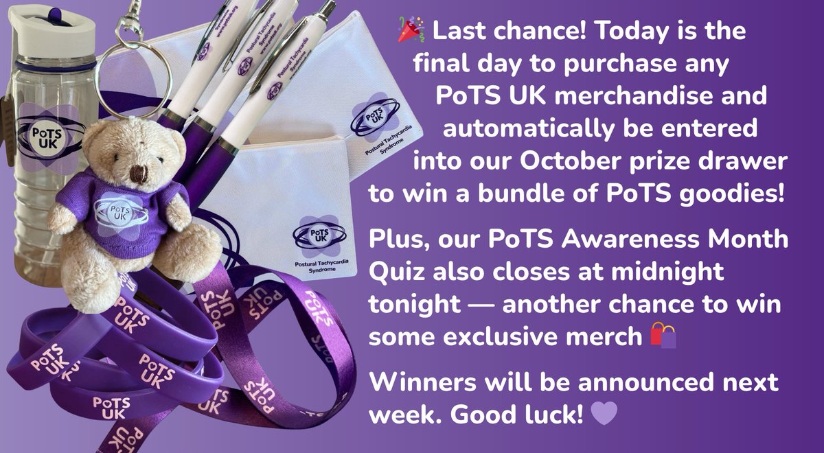 UKPoTS's tweet photo. Purchasing from our shop is yet another way for you to show your support for PoTS UK & help to continue to raise awareness: https://t.co/pOG9BcL8XB
Test your PoTS knowledge by taking part in our Awareness Month quiz: https://t.co/gRcou3HYud
#PoTSMerchandise #PoTSAwarenessMonth https://t.co/uMeXgRcI6Y
