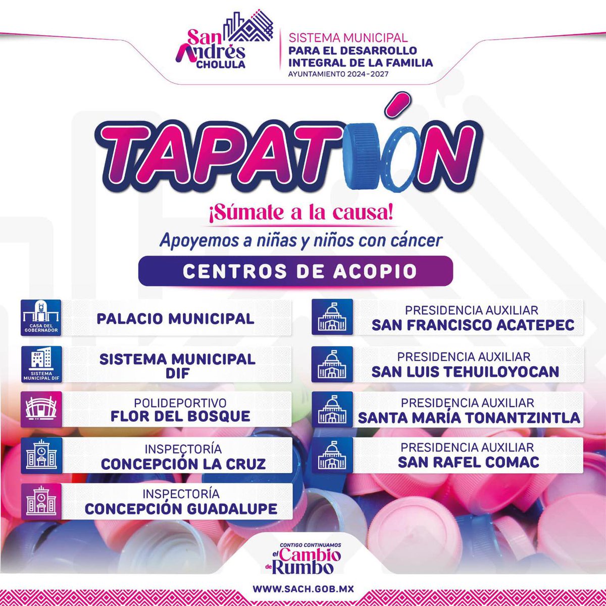 ¡Súmate a la causa❤️!
El #Tapatón del #GobiernoDeResultados es una iniciativa que apoya a niñas y niños con cáncer. 🙌

Acércate a los centros de acopio y dona tus tapitas. 

#ContigoContinuamosElCambioDeRumbo