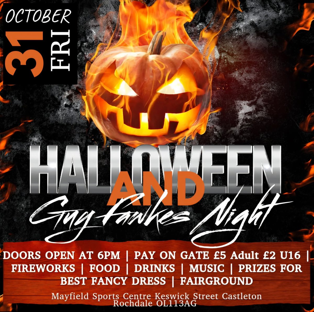 🎃TONIGHT! HALLOWEEN x FIREWORKS NIGHT! 
📍 Rochdale Mayfield ARLFC
⏰ Gates 6pm | Fireworks 8pm
💷 £5 Adults | £2 U16s – Pay on gate
🎶 Music • 🍔 Food • 🎡 Fun for all!
🚫 No parking on the ground
🙏 Please respect our neighbours
⚡ No bonfire – just pure fireworks magic! 🎇