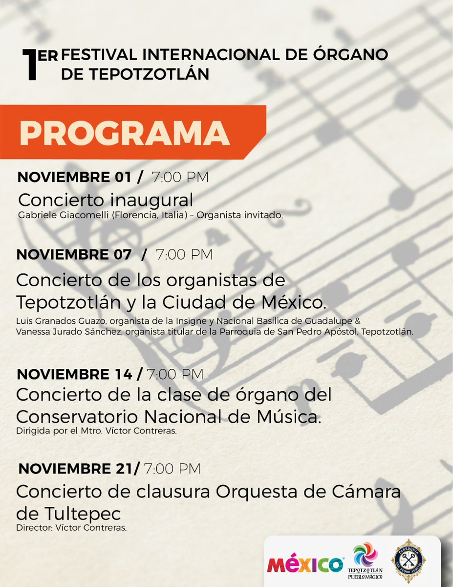 Celebrando la renovación del Órgano de la Parroquia de San Pedro Apóstol, te invitamos este Noviembre al 1er. Festival Internacional de Órgano de Tepotzotlán.

#Tepotzotlán #PuebloMágico