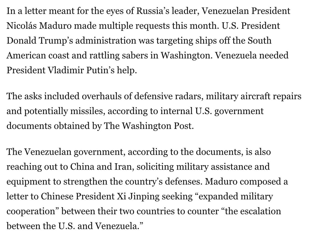 Faytuks's tweet image. Amid the threat of US attacks, Venezuela has asked Russia, China and Iran for military assistance. 

Venezuela&apos;s transport minister told an Iranian official that Venezuela was in need of &quot;passive detection equipment,&quot; &quot;GPS scramblers&quot; and &quot;almost certainly drones with 1,000 km…