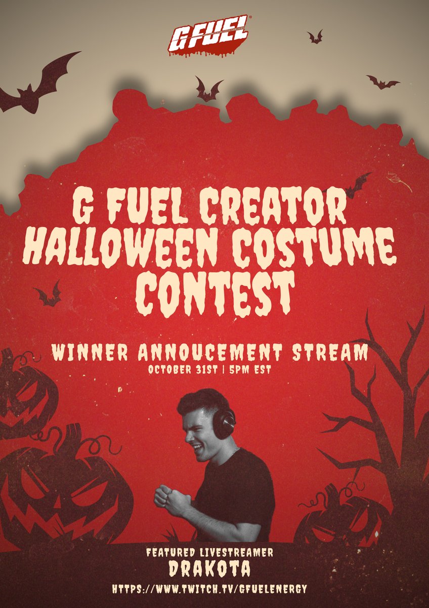 The moment you have all been waiting for! 👻 

Your winner, announced tonight LIVE on Twitch.tv/GFuelEnergy with <a href="/DrakotaTV/">Dakota</a> 🎃

Who will win G FUEL's Halloween Costume Contest 2025!? 👀👑