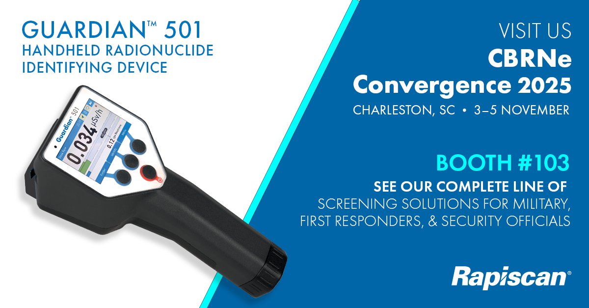RapiscanCargo's tweet image. Heading to #CBRNEConvergence in Charleston, SC next week! Stop by booth #103 (Nov 3–5) to see our handheld screening solutions for X-ray inspection and radiation and trace detection—including the Guardian 501 RID for fast, accurate radionuclide ID. #Guardian501 #FieldDetection