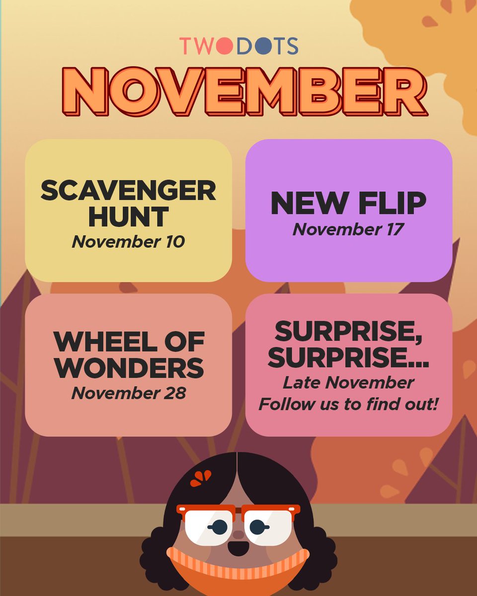 TwoDots's tweet image. 🎁 Surprise, surprise… Start this month with exciting events (while we can&apos;t tell you more 🤐). 

👉 Check the calendar here: rebrand.ly/TD-Events-Nove… 

#TwoDots #TwoDotsGame #November #PuzzlesGames