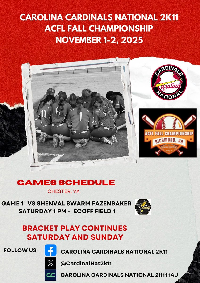 Unity2029Clark's tweet image. We are hitting the road this weekend for the ACFL Fall Championship tournament and showcase in the Richmond, VA, area. Excited to face some new competition! Let&apos;s go, RedBirds! ❤️🖤

#alliancefastpitch
#carolinacardinalsnational2k11
#carolinacardinals #theflock