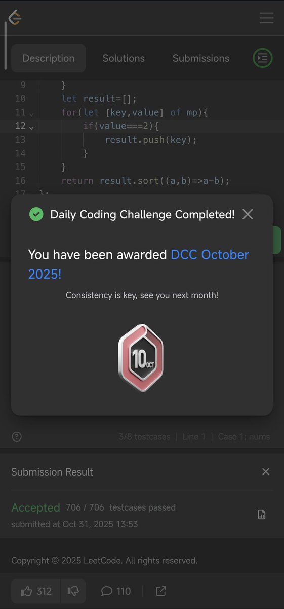Pratikshak19332's tweet image. 🚀 Day 393 of @LeetCode #POTD
💡 Problem: Find numbers appearing exactly twice.
🔹 1st Approach: Used a `Map` to count frequencies.
🔹 2nd Approach: Used a frequency array for quicker lookup.
#LeetCode #JavaScript