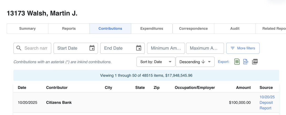 Unusual activity in Marty Walsh's campaign acct on 10/20/25: A transfer of $100k from Citizens. Last transfer from this acct was in 2022.

CONJECTURE: Walsh is preparing to announce a run for Governor. Trump/MAGA megadonor Jim Davis just dropped $100k on Walsh-linked superPAC.