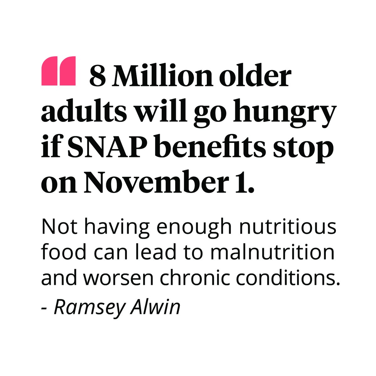 NCOAging's tweet photo. If SNAP benefits stop on Nov. 1, millions of older adults could go hungry, says @Ramsey_Alwin. 

Nearly 8M Americans 60+ rely on SNAP to stay healthy. With poverty among #OlderAdults at 15%, now isn’t the time to cut food access.

We must protect SNAP. #EndHunger #SNAP https://t.co/qtGMJWTyLQ