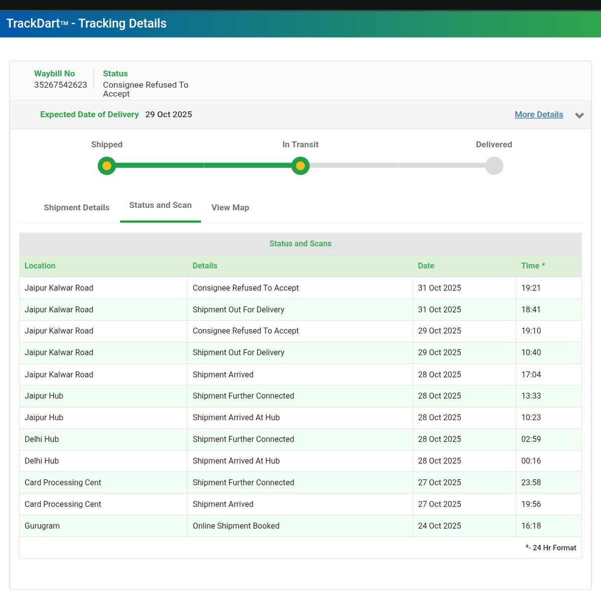 kapil_basotiya's tweet photo. @BlueDartCares @BlueDart_  @udaykotak @KotakBankLtd My AWB No. is 35267542623 and I hadn't received yet. I never refused to accept my parcel and Delivery person not contact and not met me single time when courier is out for delivery and it remarks consignee refused to accept. https://t.co/04preX4Tsb