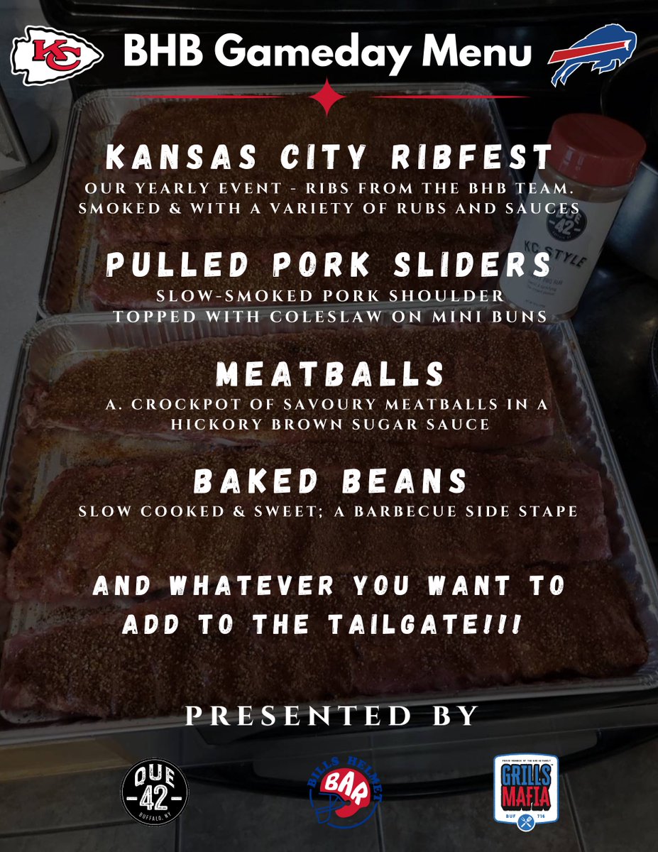 Least favorite opponent, but perhaps my favorite menu. Come by on Sunday for the best spread of the season

We’re also tailgating for a cause this week - we’re asking everyone to please bring a non-perishable food item for the Georgina Food Pantry. Do your thing #BillsMafia 🥰