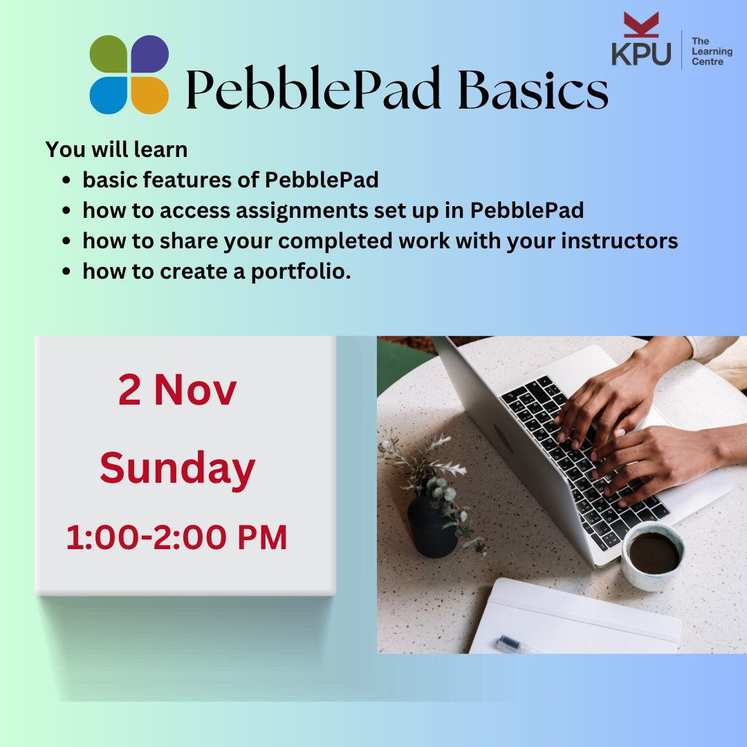 Learn how to access and submit assignments on PebblePad set by your instructor.

Register now at kpu.ca/learningcentre…