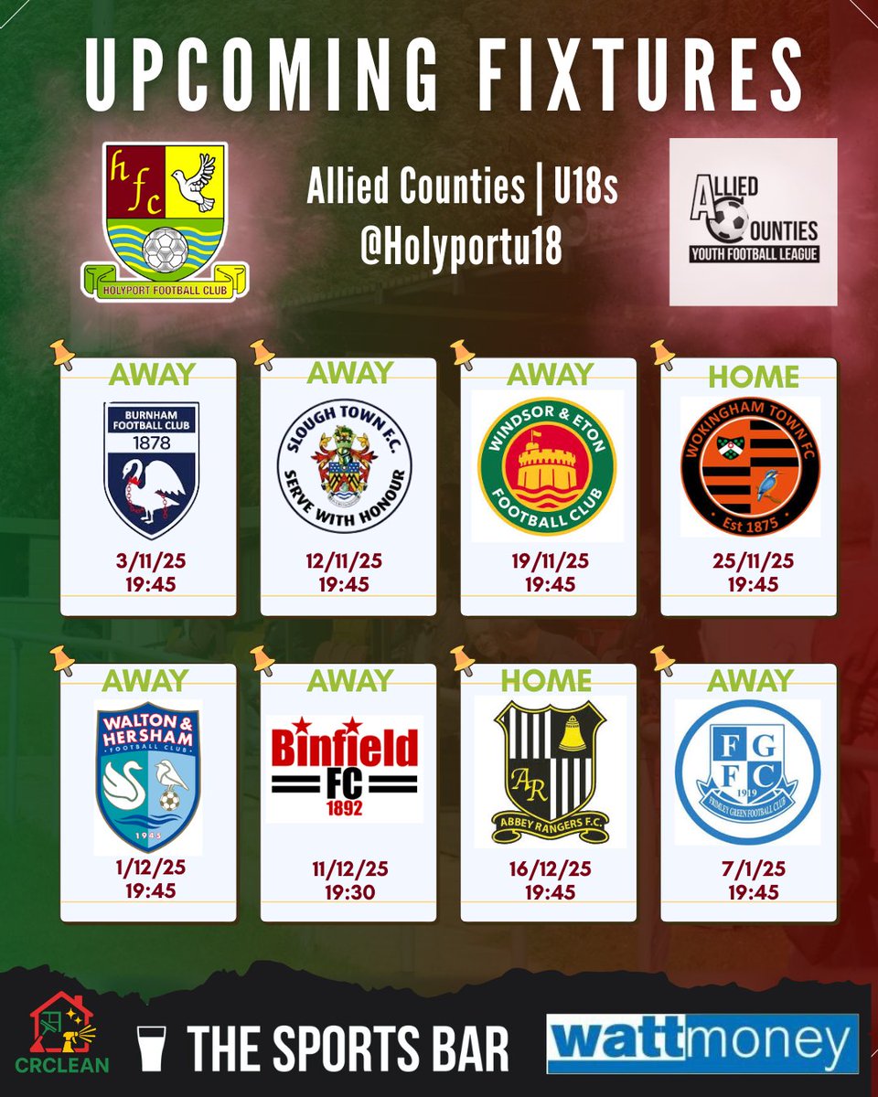 Upcoming fixtures for our U18 #Allieds 👀

<a href="/BurnhamFC1878/">Burnham Football Club</a>
<a href="/sloughtownfc/">Slough Town FC</a>
<a href="/WindsorEtonFC/">Windsor & Eton FC</a>
<a href="/WokinghamTownFC/">Wokingham Town FC</a>
<a href="/waltonhershamfc/">Walton & Hersham FC</a>
<a href="/Binfieldfc/">Binfield FC</a>
<a href="/fc_abbeyrangers/">Abbey Rangers FC</a>
<a href="/official_FGFC/">Frimley Green FC</a>

@holyportu18 #oneclub #HolyportFC #uptheport #sportsbar #wattmoney #crclean #grassroots#groundhopers #summerleaze