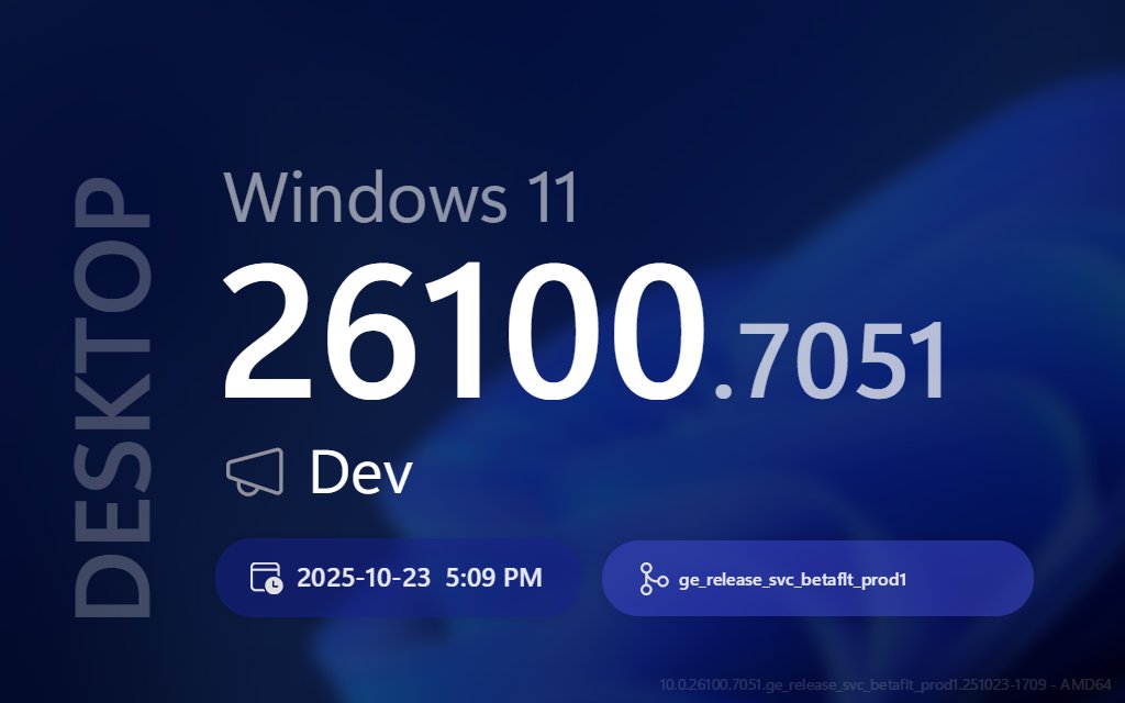 ProtoBuildBot's tweet image. 🔄 🖥  New DESKTOP update! 💍 Dev (AMD64)

➡️ Title:
Windows 11 Insider Preview Feature Update (26220.7051)

📣 Build Lab Extended:
10.0.26100.7051 (ge_release_svc_betaflt_prod1.251023-1709)