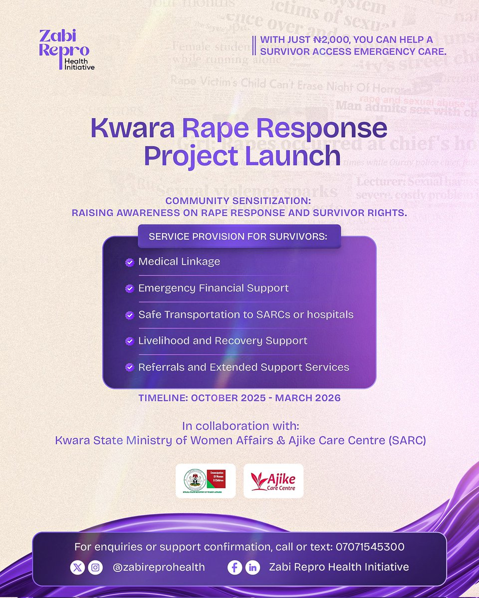 Today, we officially launch the Kwara Rape Response Project, implemented in collaboration with the Kwara State Ministry of Women Affairs and Ajike Care Centre (SARC), to raise awareness, support survivors, and strengthen community response.