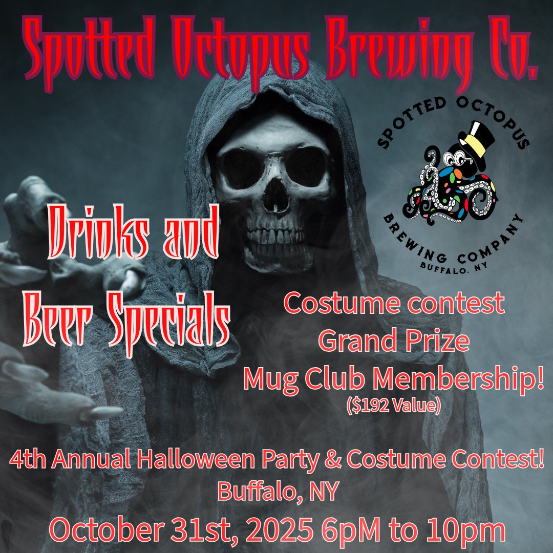 Octopusbrewing's tweet image. Get spooky with Spotted Octopus Brewing!

Join us for drinks, thrills, and a costume contest with a grand prize worth $192! Don’t miss Buffalo’s Halloween party of the year 🎃.

#HalloweenPartyBuffalo #CraftBeerLovers #SpottedOctopusBrewing #BuffaloNY
