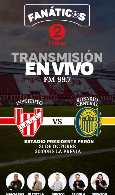 #LigaProfesional | #TorneoBetano | Clausura
#ZonaB 
🗒️14a fecha
📌 #Instituto 🆚 Rosario Central
🕘21.15
🏟️Monumental Juan Domingo Perón
👤Árbitro: Nicolás Ramirez
🖥️VAR: Pablo Dóvalo

👂Transmisión de <a href="/FanaticosLVdos/">Fanaticos.lvdos</a> 
📻 FM 99.7 <a href="/suenalados/">LV 2 CÓRDOBA FM 99.7📡</a> 
📱lvdos.com.ar
🗣️