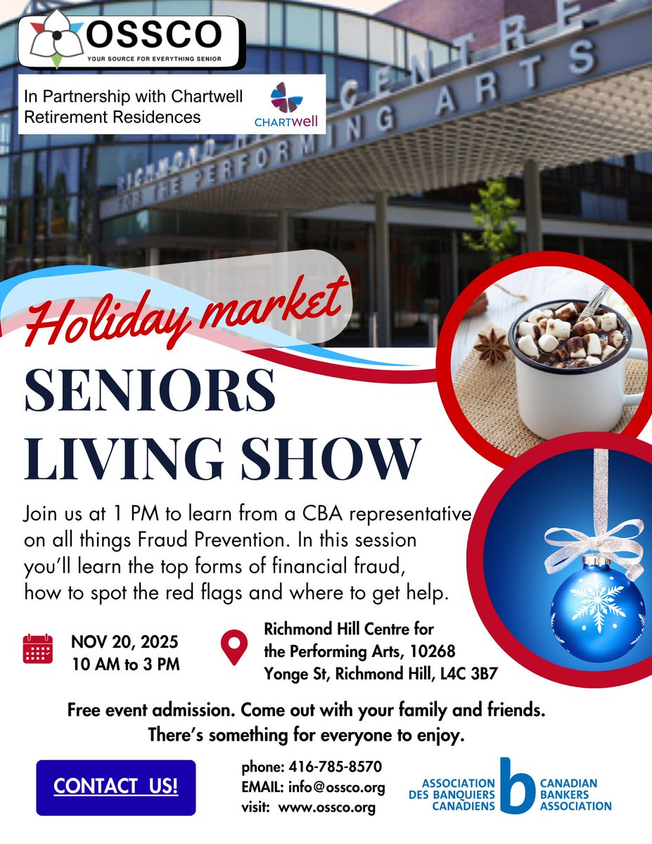 OSSCOlearning's tweet image. Welcome to the 2025 Seniors Living Show with Holiday Market! Join us at the Richmond Hill Centre for the Performing Arts for a day filled with fun activities, informative sessions, and holiday shopping. 
See you there!