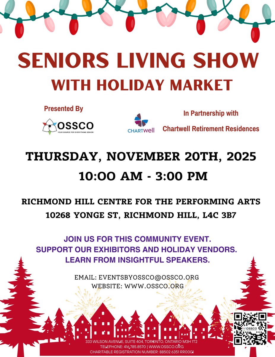 OSSCOlearning's tweet image. Welcome to the 2025 Seniors Living Show with Holiday Market! Join us at the Richmond Hill Centre for the Performing Arts for a day filled with fun activities, informative sessions, and holiday shopping. 
See you there!
