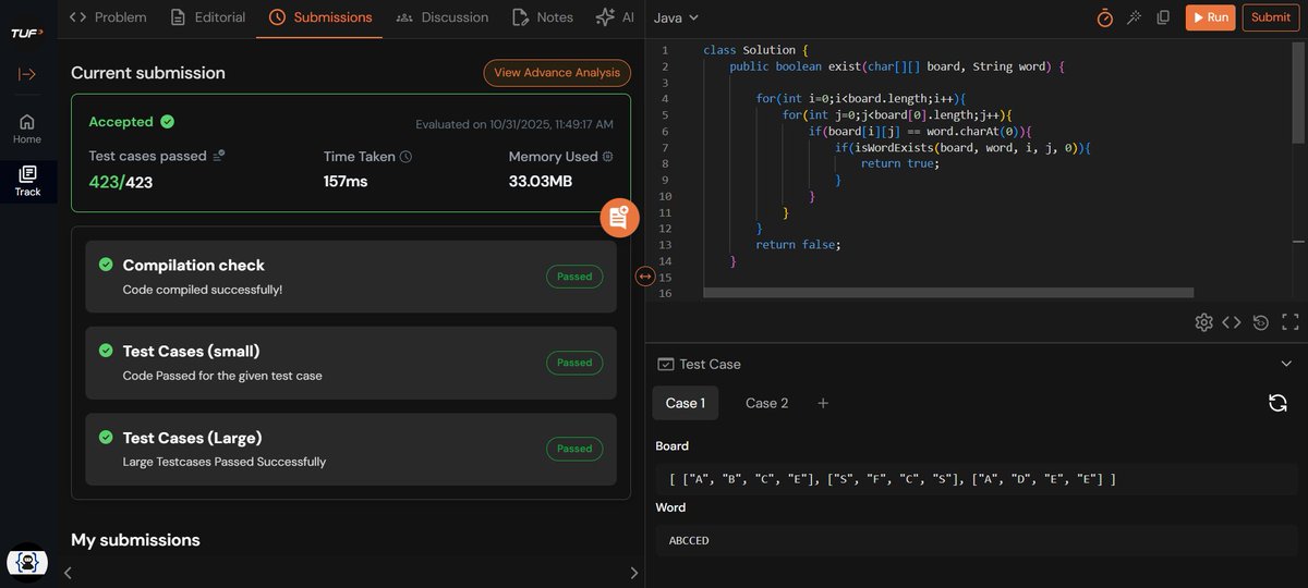 hibala93's tweet image. 🚀 Day 61/100 #100DaysOfCode  
✅ Word Search (Backtracking &amp; DFS)  
✅ Highest Occurring Element (Hashing)  
✅ Two Sneaky Numbers of Digitville (Bit Manipulation)  
#LeetCode #BuildInPublic #DevCommunity #LearnInPublic #TUFWinterArc #Java