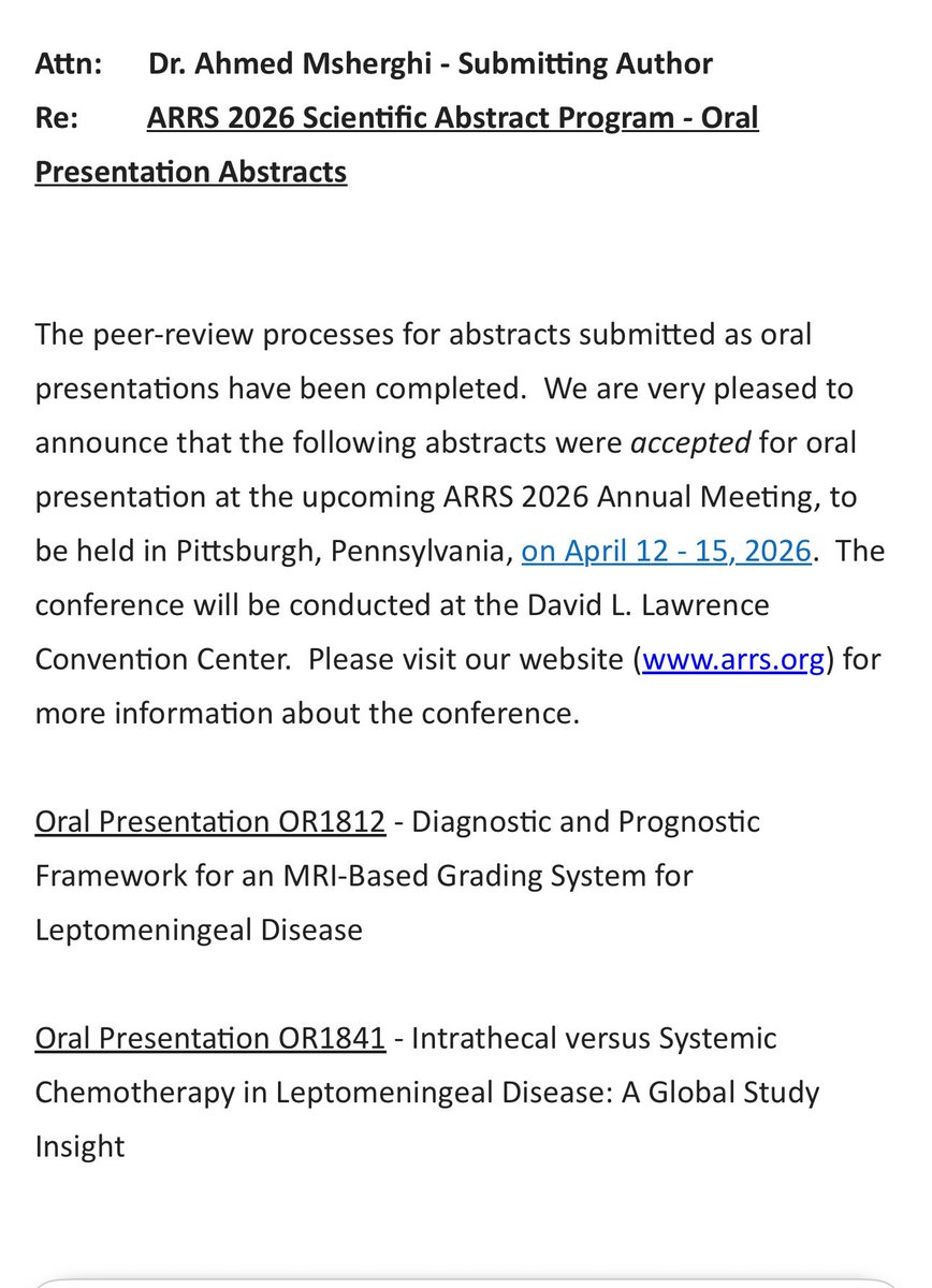 msherghi's tweet photo. Thrilled to share that two of our abstracts have been accepted for Oral Presentation at @ARRS_Radiology 

Grateful to the mentors and collaborators who made this possible @MDAndersonNews https://t.co/bXqJA1ZOFY