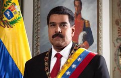First image shows Nicolás Maduro standing formally in a suit with a red tie and presidential sash featuring yellow blue and red stripes with stars beside a Venezuelan flag in an ornate room with a large portrait of Simón Bolívar in military uniform on the wall behind him. Second image depicts Vladimir Putin in a dark suit with a red tie standing beside a Russian flag with red blue and white horizontal stripes. Third image portrays Xi Jinping in a dark suit with a blue tie positioned next to a Chinese flag with red background and yellow stars. Fourth image features Ayatollah Ali Khamenei wearing a black turban glasses and traditional brown robe with a white shirt sitting in front of a green backdrop with Iranian flag elements and a microphone stand.