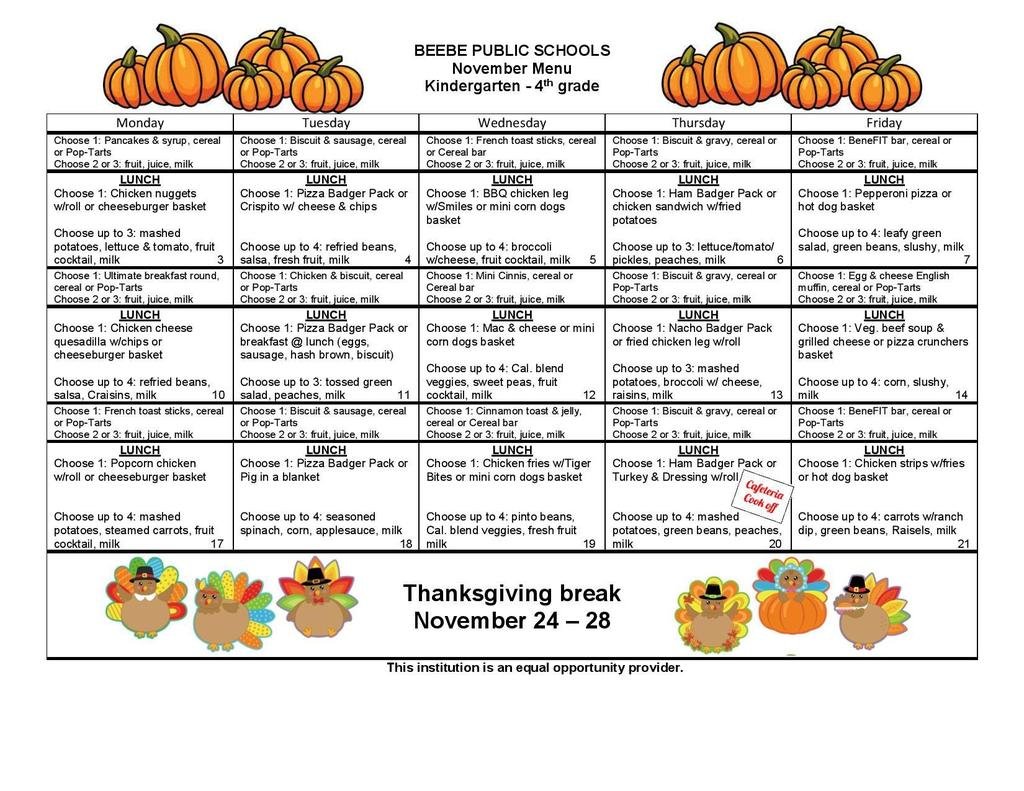 BeebeElementary's tweet image. 🥪 November Menu 🧇