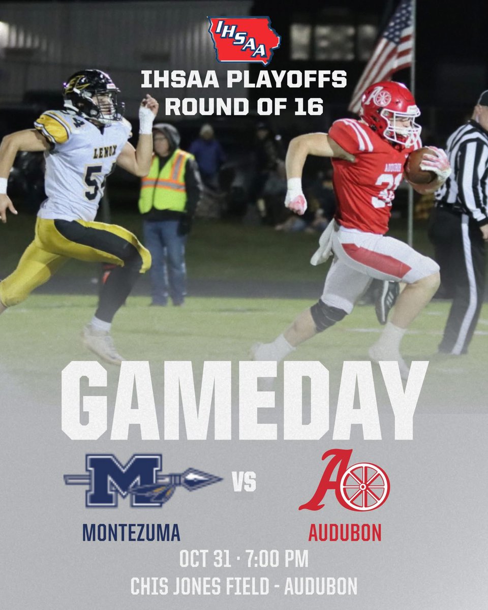 PLAYOFF GAMEDAY
Audubon Wheelers vs Montezuma Braves
Friday, October 31 - 7 PM
Chis Jones Field – Audubon

Admission: $9 - HomeTown Ticketing or swipe a card at the gate 

Livestream: Audubon Wheelhouse via KJAN → kjan.com/index.php/kjan…

Radio: 106.7 FM, 96.5 FM, 1220 AM