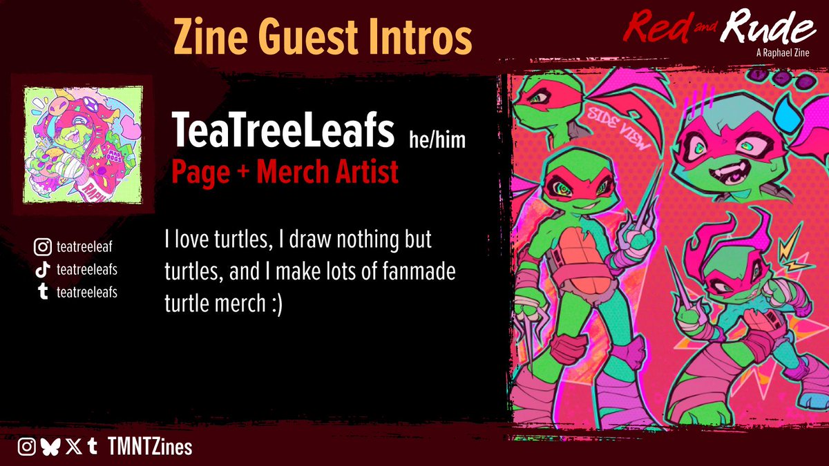 TMNTZines's tweet image. GUEST SPOTLIGHT: TEATREELEAFS ❤️
Introducing TeaTreeLeafs, one of our Guest Page and Merch Artists! Turtles everywhere! Such is his life every day, isn't it wonderful?