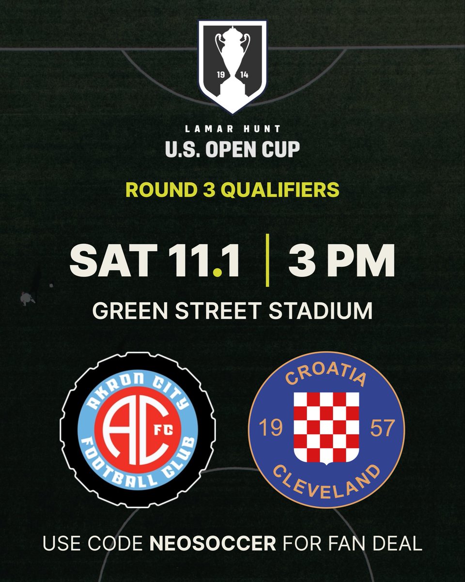 Whose flag will be waving into the next round of the U.S. Open Cup Qualifiers? 

BE THERE! Akron City FC faces Croatia Cleveland Soccer Club on Saturday, Nov. 1 at 3 p.m. in Green Street Stadium. 

🎟️ Get discounted tickets with code NEOSOCCER — $10 adult, $8 youth.