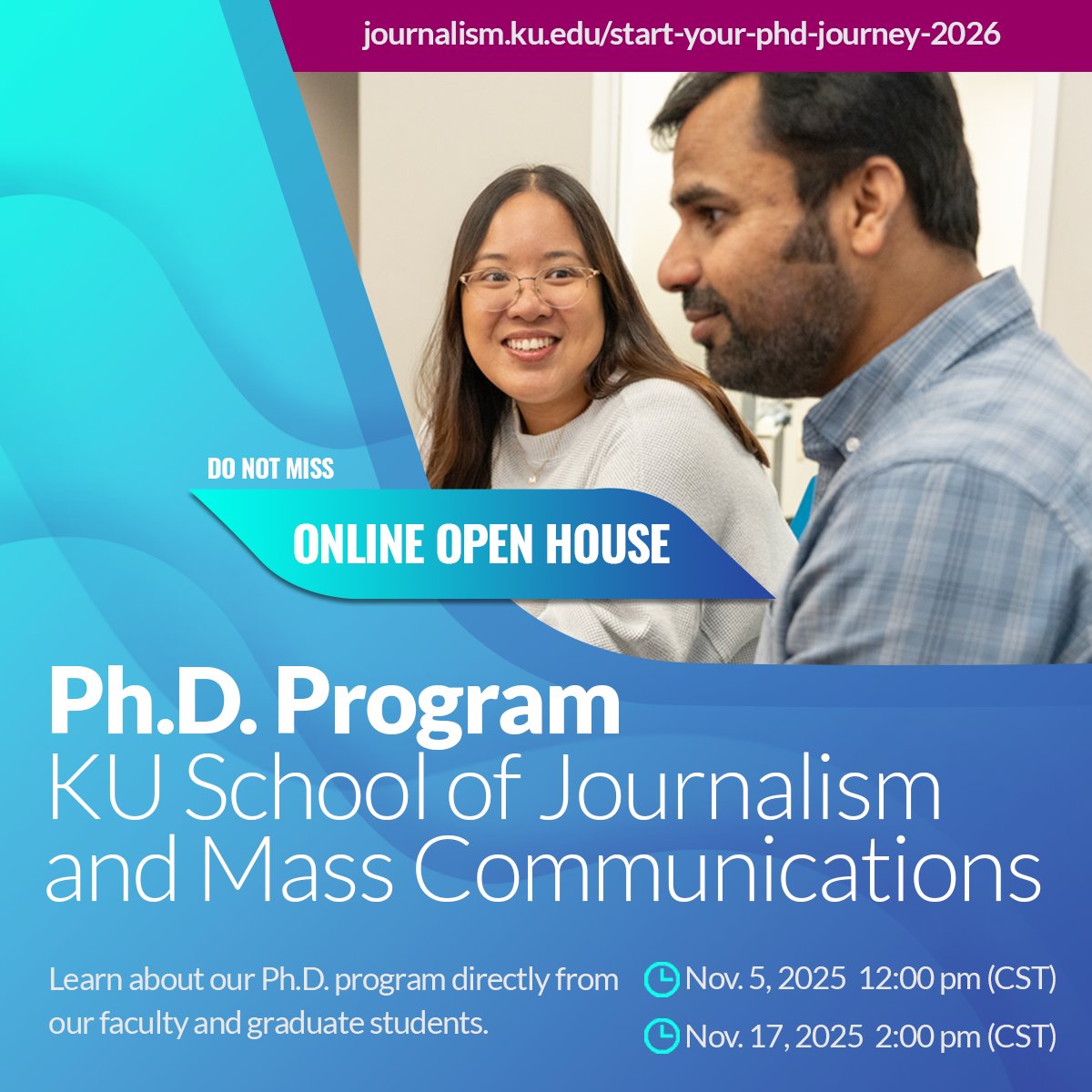 KUJournalism's tweet photo. Do you have any questions about our program? Meet our faculty and doctoral students live on November 5 and 17.
Register here: https://t.co/xGLIXgS9tA https://t.co/spPmMK2qxq