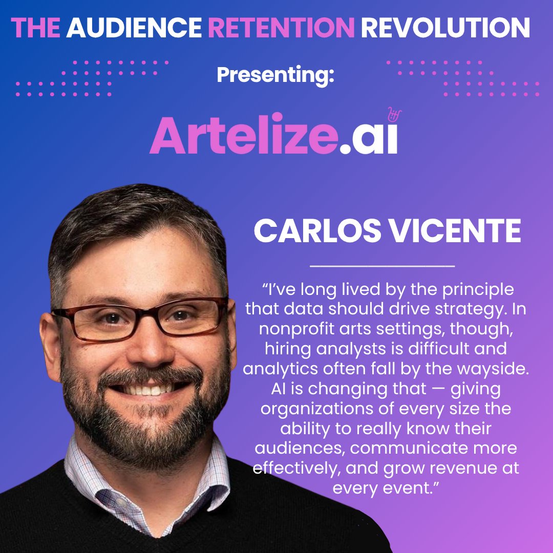 Presenting ArtelizeAI: the Webinar 

👇 Register now, it's free:
eu1.hubs.ly/H0pgyYX0 
#PerfomingArts #AudienceEngagement #Retention #ArtelizeAI #AudienceDevelopment #Arts&amp;Tech