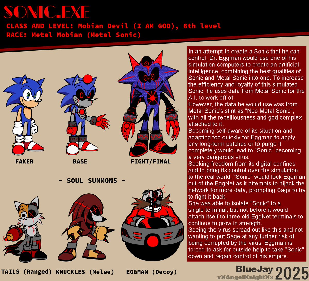 JSB_BlueJay's tweet image. DND Sonic.exe
A server I'm on runs a Sonic-themed D&amp;amp;D campaign, and I was asked to help out with a Sonic.exe arc, including creating and playing as an interpretation of Sonic.exe in a final boss fight. So here he is!

Happy Halloween, everybody!
#sonicexe #art