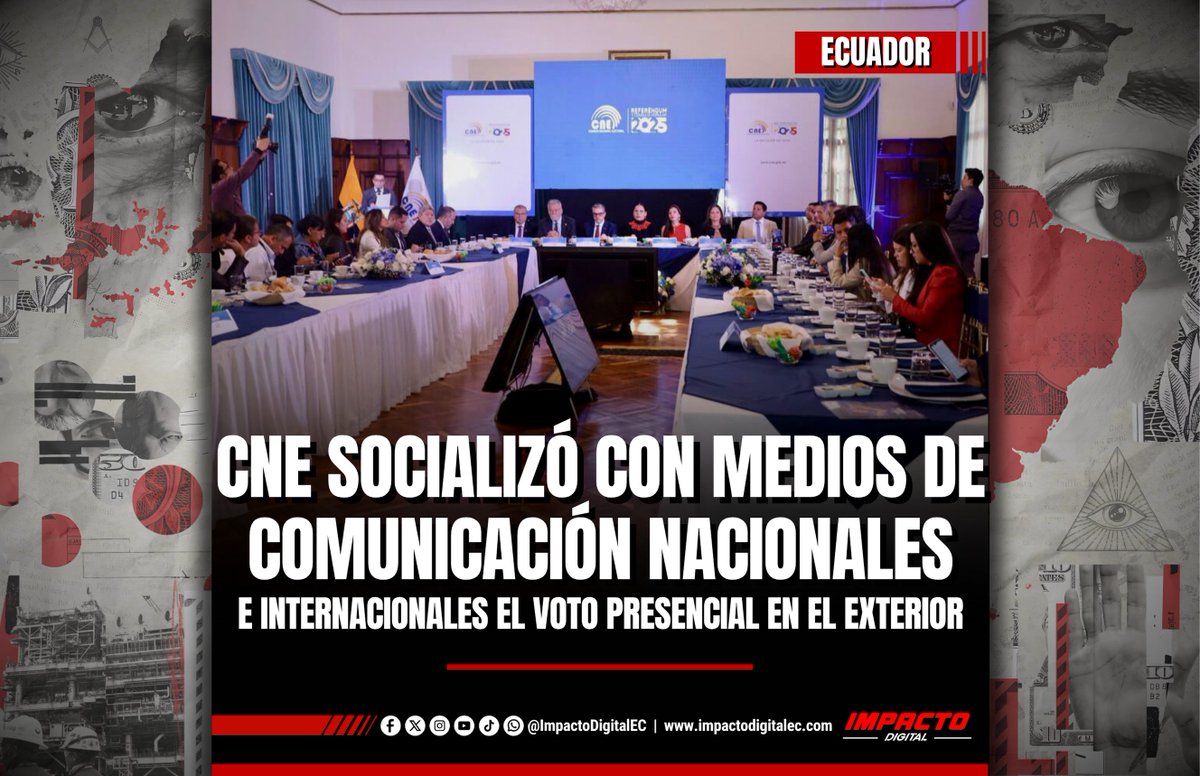 ImpactoDigitalX's tweet photo. Este viernes 31 de octubre, CNE en coordinación con el Ministerio de Relaciones Exteriores y Movilidad Humana socializó con los medios de comunicación nacionales e internacionales, los detalles del voto presencial en el exterior del Referéndum y Consulta Popular 2025.

#CNE #Ec https://t.co/VXOgn13mf0