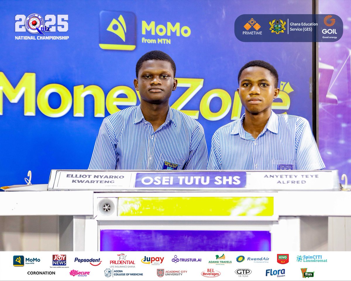 NSMQGhana's tweet image. End of Round 2:

Osei Tutu SHS: 27pts  
Amaniampong SHS: 24pts
St. James Sem. SHS: 11pts 

@TrusturAI sponsors Round 2.

#NSMQ2025 #NSMQQuarters #Primetime