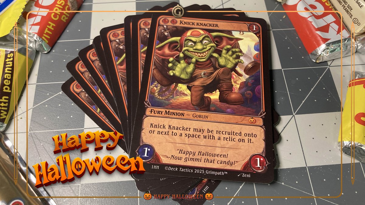 GrimpathTCG's tweet image. 🌙🍬🦇Happy Halloween! 🦇🍬🌙

As some of you know we&apos;ve started a Patreon! This is our second month, and second drop! But we&apos;re also throwing in a bonus: A Halloween themed version of everyone&apos;s favorite goblin: Knick Knacker! 

With a unique candy themed background, border,…