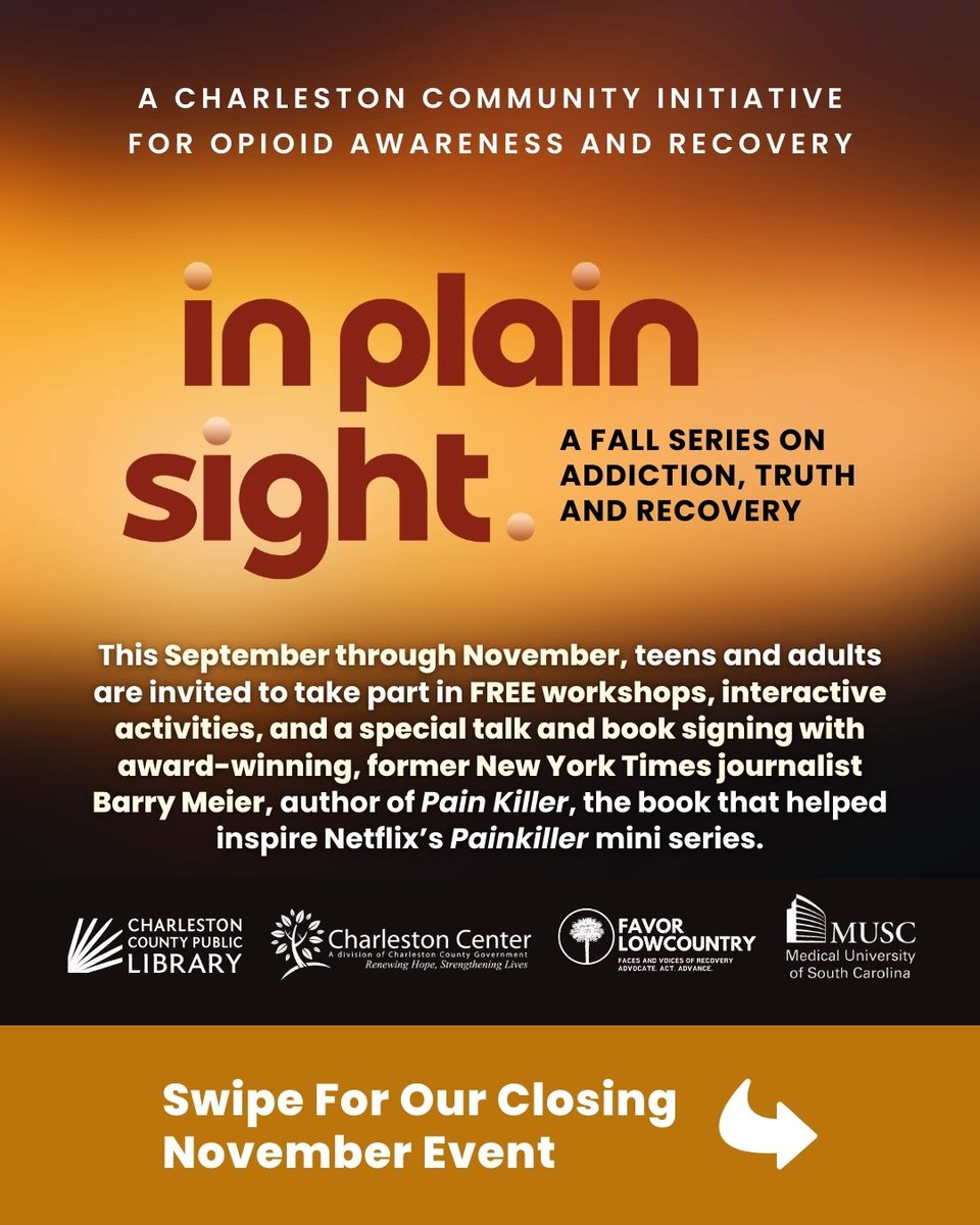 ChasCoLibrary's tweet image. This November, Charleston County Public Library invites you to the final event in our series In Plain Sight: A Fall Series on Addiction, Truth, and Recovery.

📌 Save a Life: Naloxone Training