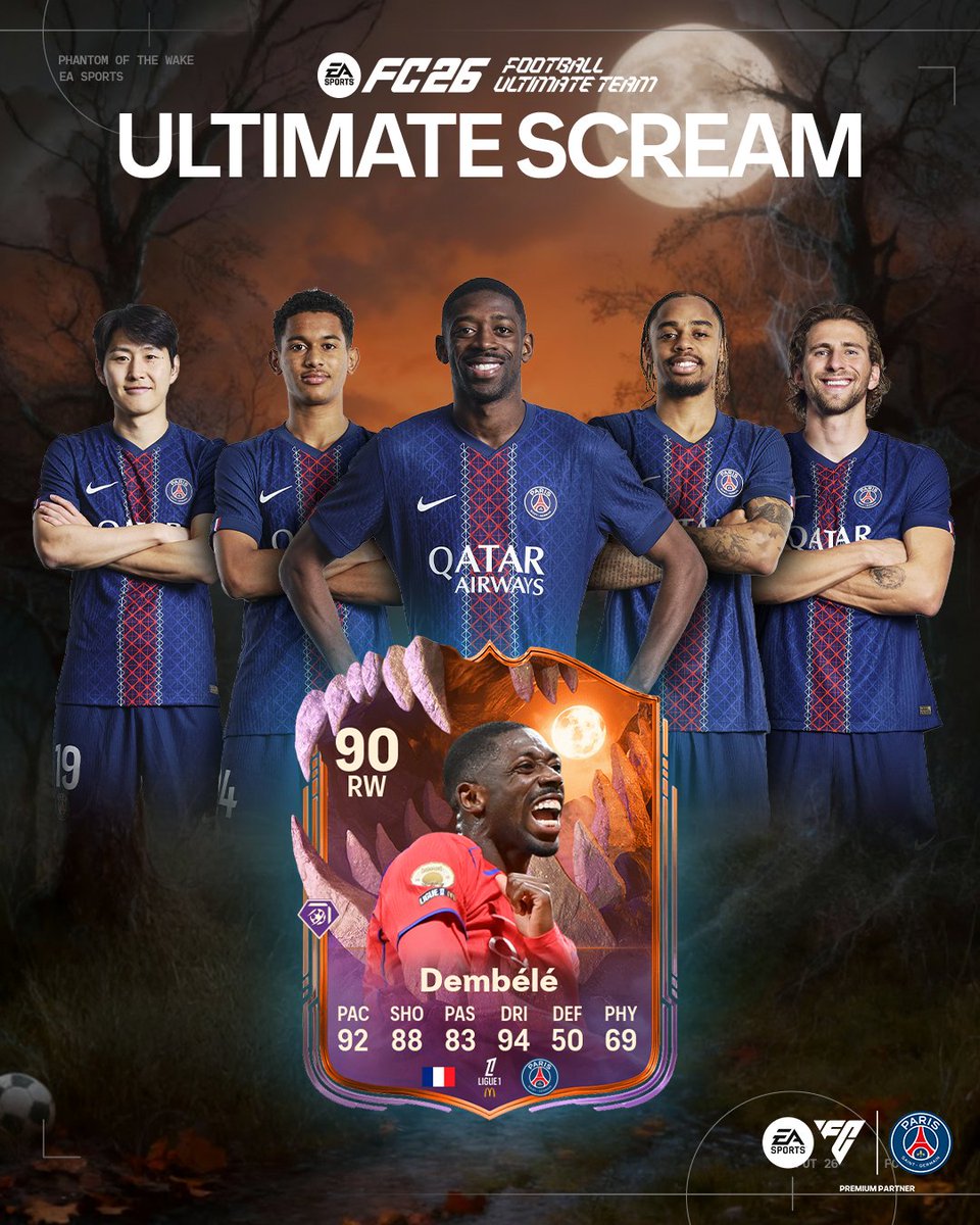Sous la lune, Dembélé déploie ses ailes 🌕🦇

De buteur à ailier, la foudre change de trajectoire. 👻

Découvre son nouvel élément #FUTUltimateScream dans #FC26. 🎮

<a href="/easportsfcfr/">EA SPORTS FC France</a>