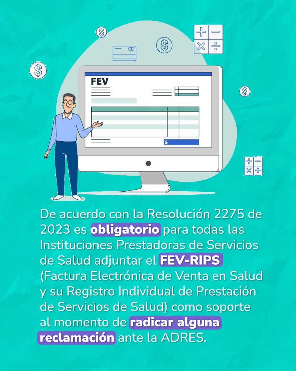 AdresCol's tweet image. #IPS 📣 Recuerden que para radicar #reclamaciones ante ADRES es obligatorio presentar la Factura Electrónica de Venta en Salud y su Registro Individual de Prestación de Servicios.