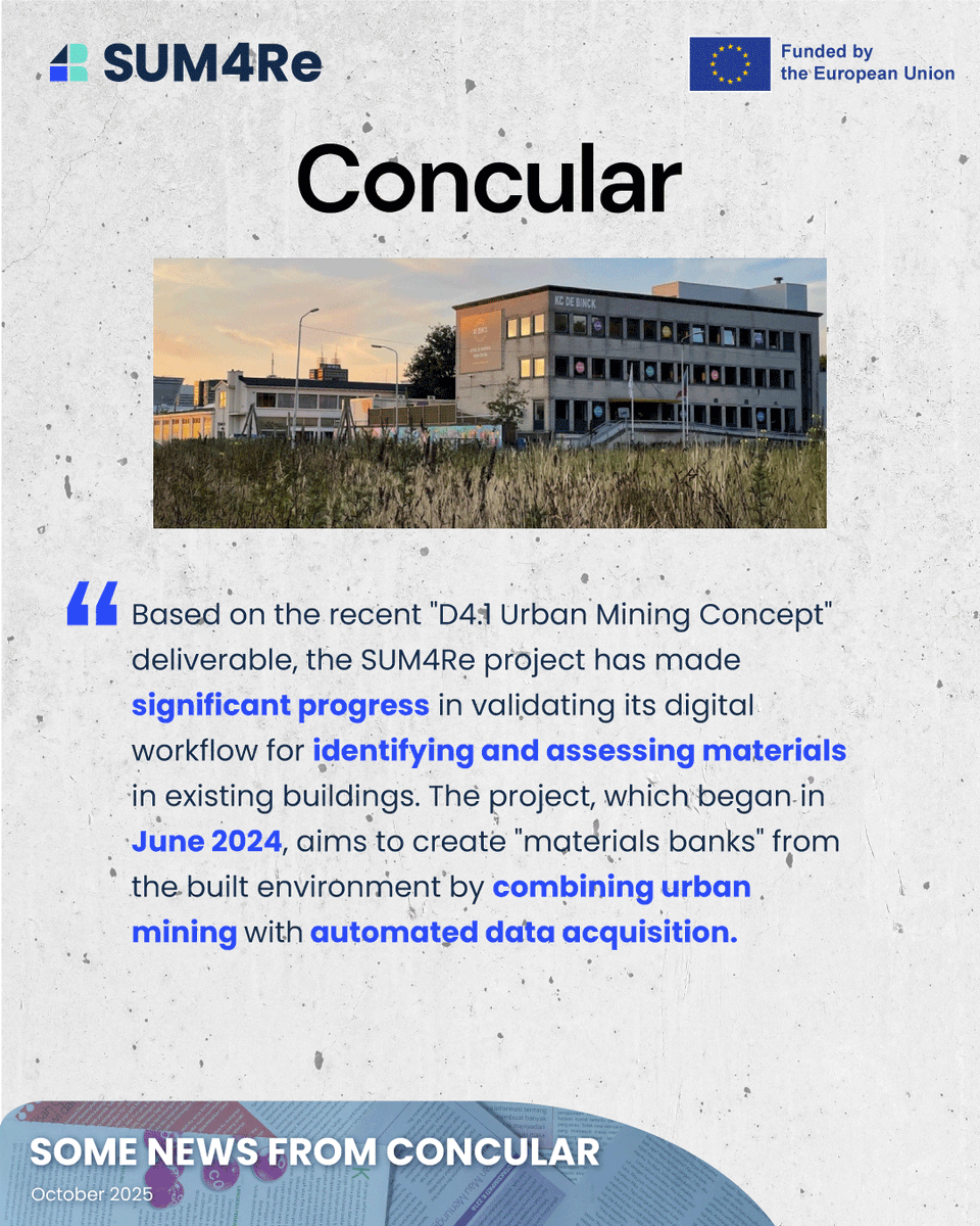 SUM4Re + Concular are validating a digital workflow to identify &amp; assess reusable materials in buildings.    

Svalbard : 98% reuse potential.
The Hague :  77% recycling potential, €2.7M residual value, 53t CO₂ reduced.

Discover the full news : lnkd.in/eX2338MR