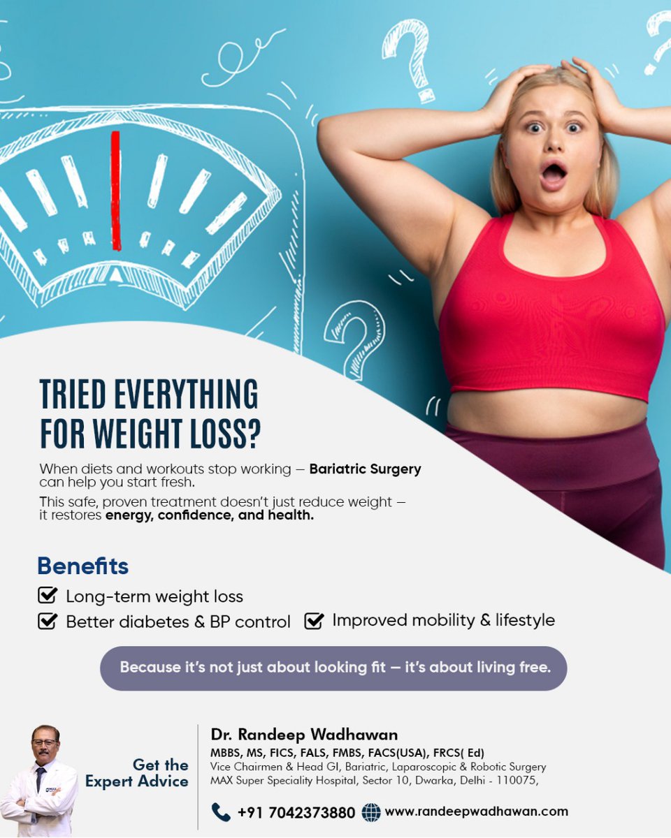 randeepwadhwan's tweet image. Tried everything for #weightloss but nothing works? 😔
#BariatricSurgery can help you achieve lasting results — and regain your health &amp;amp; confidence. 💙
Because it’s not just about looking fit, it’s about living free.

🌐 drrandeepwadhawan.com

#HealthyLiving #DrRandeepWadhawan