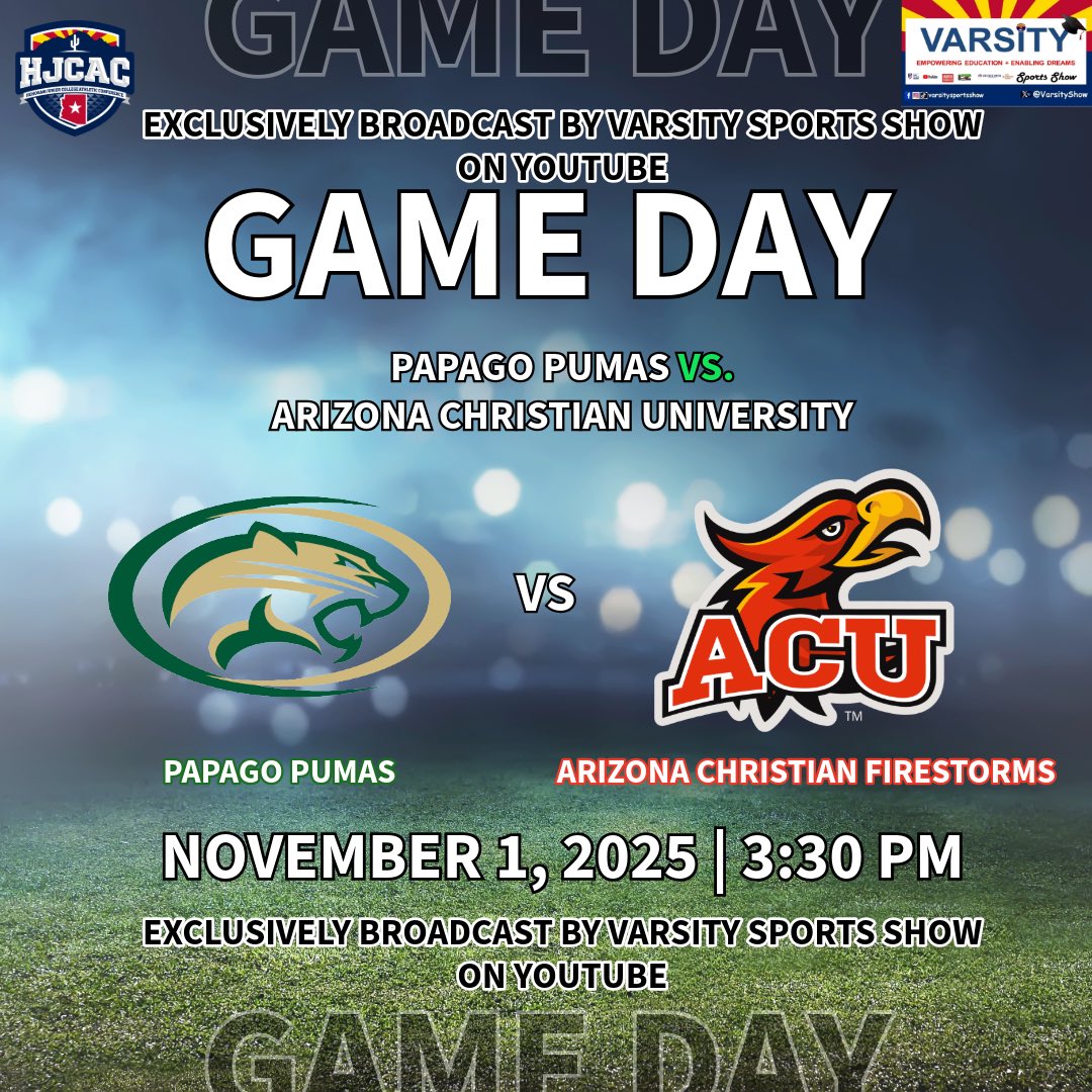 🏈 Saturday Football 🏈

Watch LIVE on Varsity Sports Show at 3:30 PM MST on YouTube as the Papago Pumas take on the Arizona Christian Firestorms!

Cheer on your team and tune in live! 📺🏈

<a href="/PapagoPumas/">Papago Pumas JUCO Football</a> <a href="/firestormfb/">ACU Football 🔥</a> 

🗒️ - November 1st 🕦 - 3:30 PM MST

#VarsitySportsShow