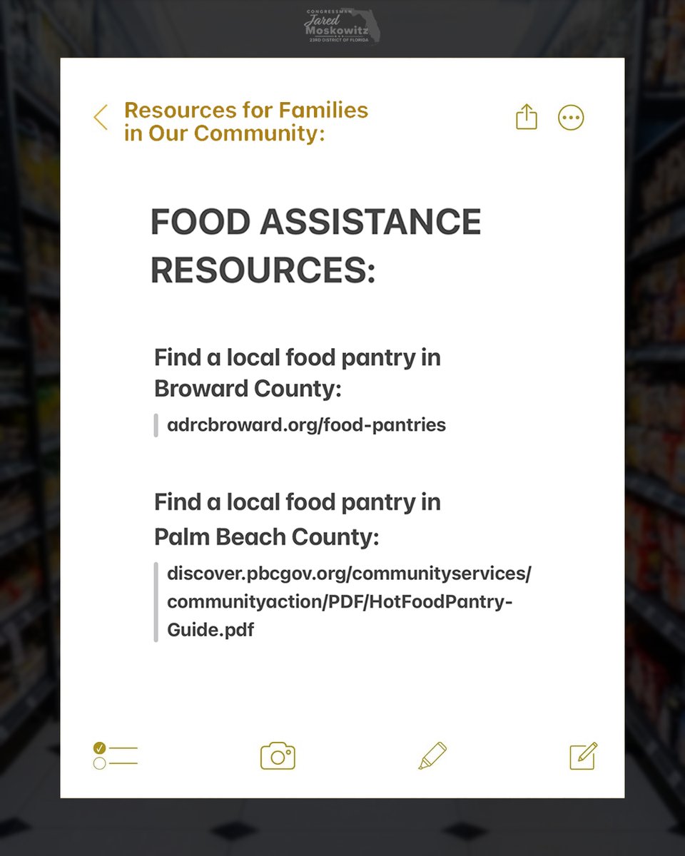 RepMoskowitz's tweet image. On Saturday, the nearly three million Floridians who rely on SNAP to feed their families won’t receive the food assistance they’re counting on.

As I continue to press for a solution to get SNAP benefits flowing again, know that there are resources here in South Florida to help.…