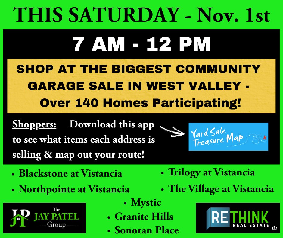 PhoenixHomePro's tweet image. BARGAIN SHOPPERS --- Shop til you drop in these 7 communities!

👉👉👉 Saturday, Nov. 1st --- 7AM to 12PM 👈👈👈

👉👉👉 Here are addresses of all the participating homes along with some of the items they are selling ................... yardsaletreasuremap.com/CommunityGuide…... 👈👈👈