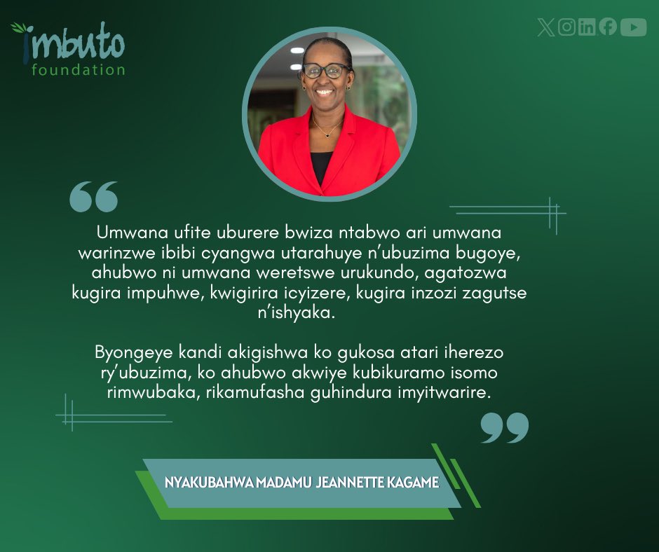 Imbuto's tweet photo. “Mu butumwa bwe buheruka, Nyakubahwa @FirstLadyRwanda yatwibukije kuzirikana ko kubaka igihugu bitangirira mu rugo, ahakwiye kurangwa urukundo, impuhwe n’ubufatanye .

Soma ubutumwa bwose bwa Nyakubahwa Madamu Jeannette Kagame hano: https://t.co/fOMTE3CQcg https://t.co/8ebqSU4oYf