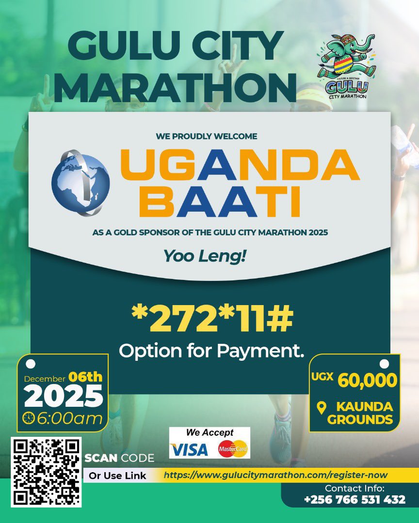BahityaRonaldo's tweet image. Run for a cause, run for Gulu!
Uganda Baati proudly leads the way as the first Gold Sponsor of the Gulu City Marathon!
Don’t miss out — register today by dialing *272*11# and grab your marathon kit for just UGX 60,000.
Let’s make every step count!
#TheGuluCityMarathon