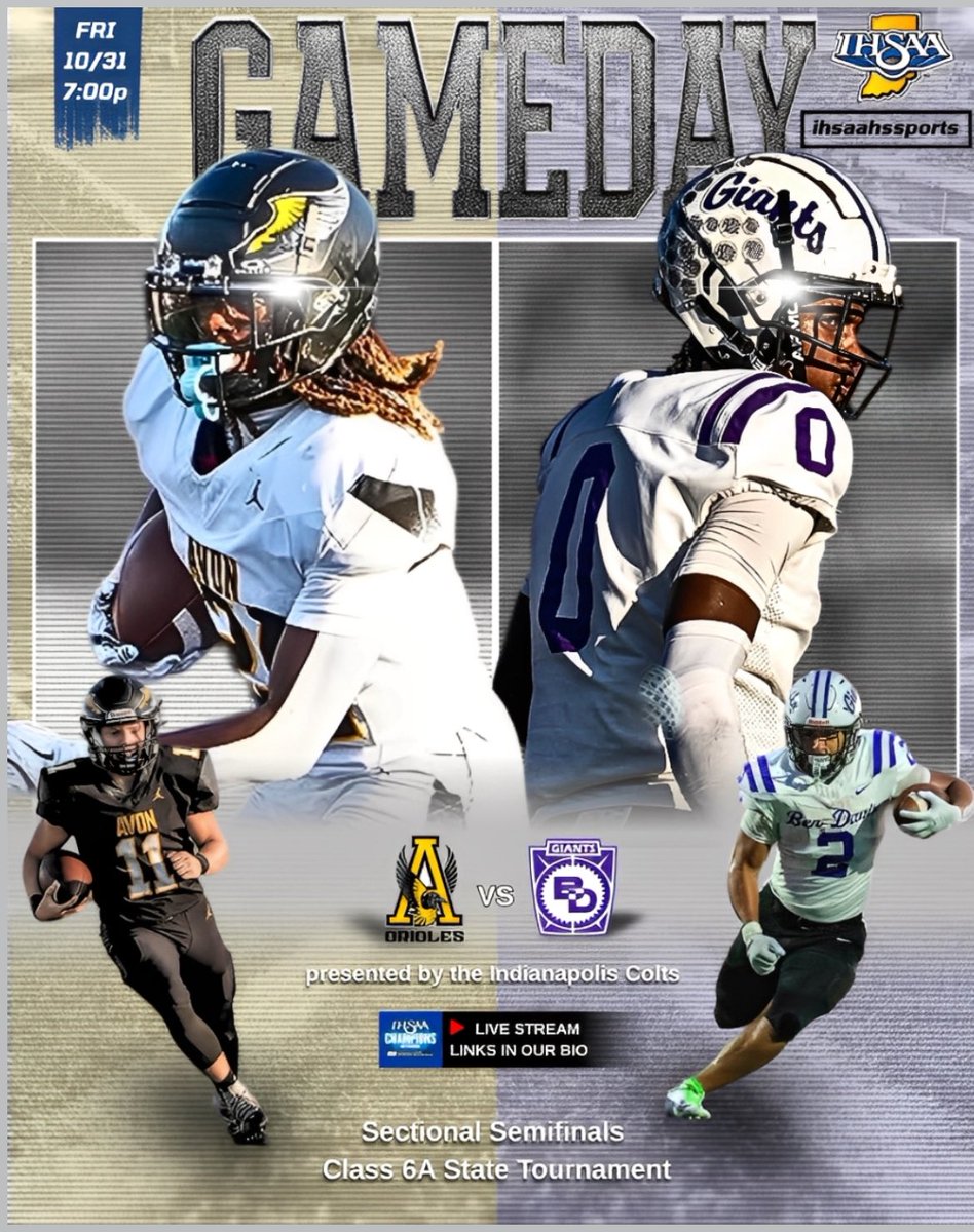 🐦‍⬛🏈GAMEDAY - SECTIONALS RD 1
📆 TONIGHT 10/31 🎃 
⌚️ 7:00pm kickoff 
📍 (HRH Stadium) vs BD
<a href="/AvonFBOrioles/">Avon Football</a> <a href="/IndianaPreps/">Indiana Preps</a> <a href="/IndyStarSports/">IndyStarSports</a> <a href="/AvonQBClub/">Avon QB Club</a> <a href="/Orioles_AD/">Avon High School Athletic Director</a> <a href="/AvonQBClub/">Avon QB Club</a> <a href="/PrepRedzoneIN/">Prep Redzone Indiana</a> <a href="/IndyStarSports/">IndyStarSports</a> 
#hsfootball #highschoolfootball #fridaynightlights #dtv #brothers