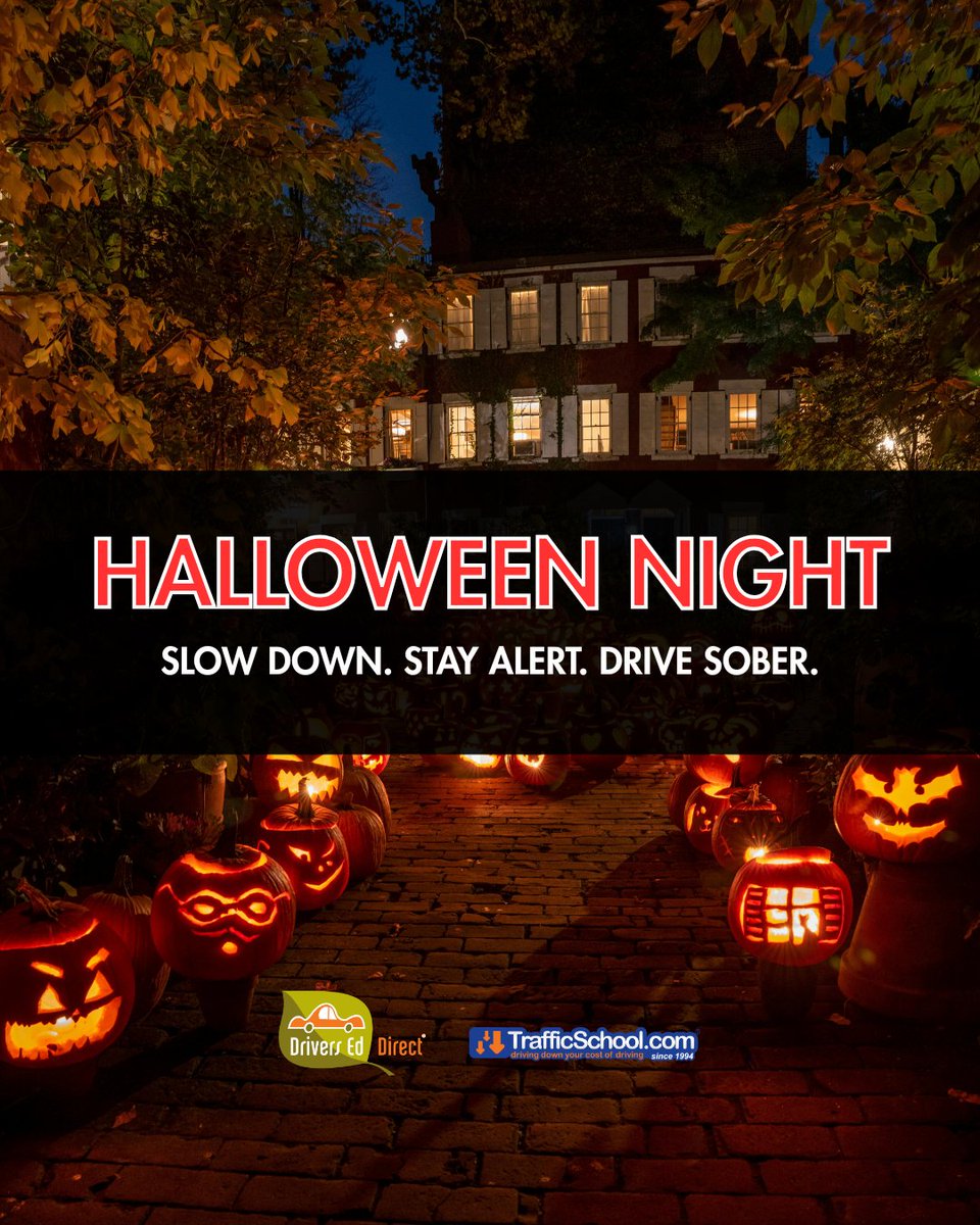 DriversEdDirect's tweet image. 🎃Stay Safe Tonight!👻

Before heading out tonight, remember that streets will be full of trick-or-treaters and evening traffic.
Drive a little slower, stay alert near crosswalks, and keep those headlights on — even if the road looks bright.

Stay safe tonight, and every night.